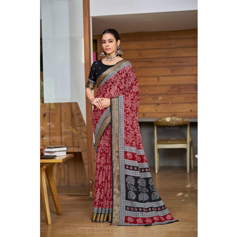 Generic Women's Cotton Printed Saree With Unstitched Blouse 5.5Mtr (Red)
