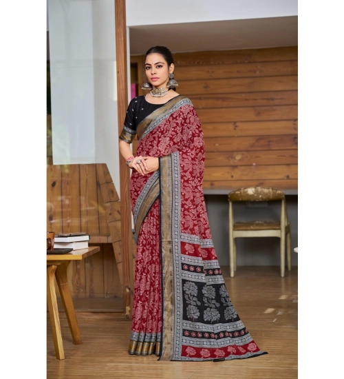 Generic Women's Cotton Printed Saree With Unstitched Blouse 5.5Mtr (Red)