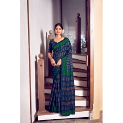 Generic Women's Cotton Printed Saree With Unstitched Blouse 5.5Mtr (Blue)
