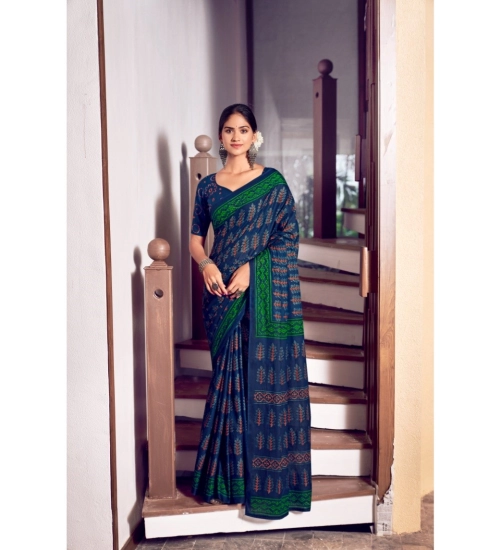 Generic Women's Cotton Printed Saree With Unstitched Blouse 5.5Mtr (Blue)