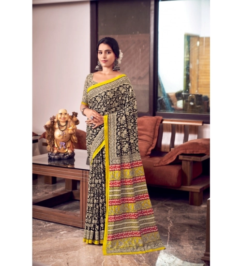 Generic Women's Cotton Printed Saree With Unstitched Blouse 5.5Mtr (Yellow)