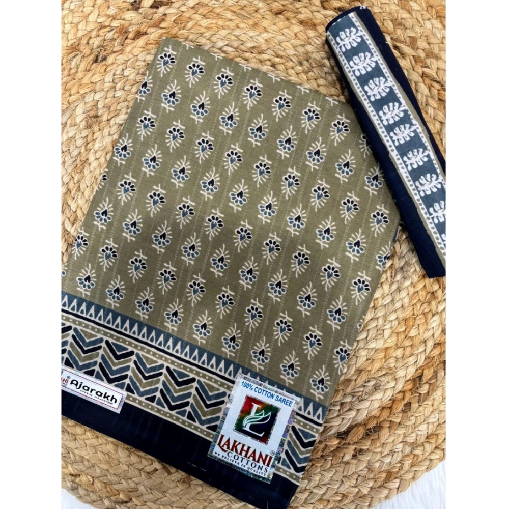 Generic Women's Cotton Printed Saree With Unstitched Blouse 5.5Mtr (Grey)