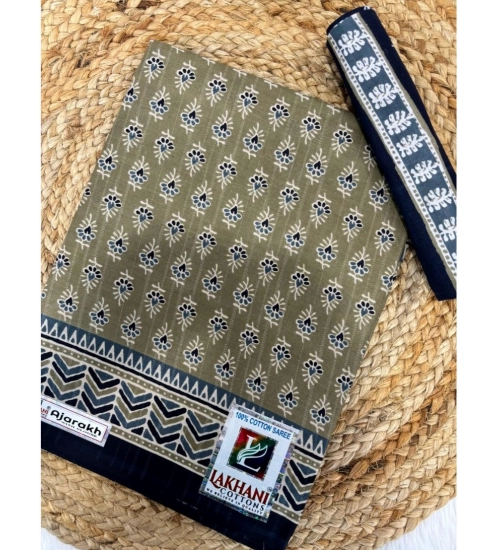 Generic Women's Cotton Printed Saree With Unstitched Blouse 5.5Mtr (Grey)