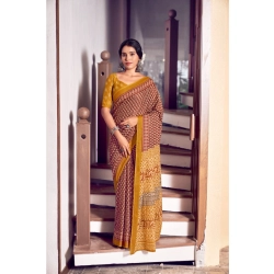 Generic Women's Cotton Printed Saree With Unstitched Blouse 5.5Mtr (Mustard)