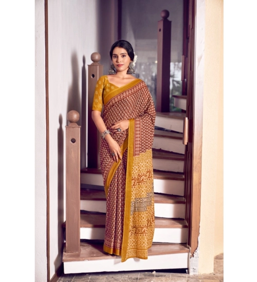 Generic Women's Cotton Printed Saree With Unstitched Blouse 5.5Mtr (Mustard)