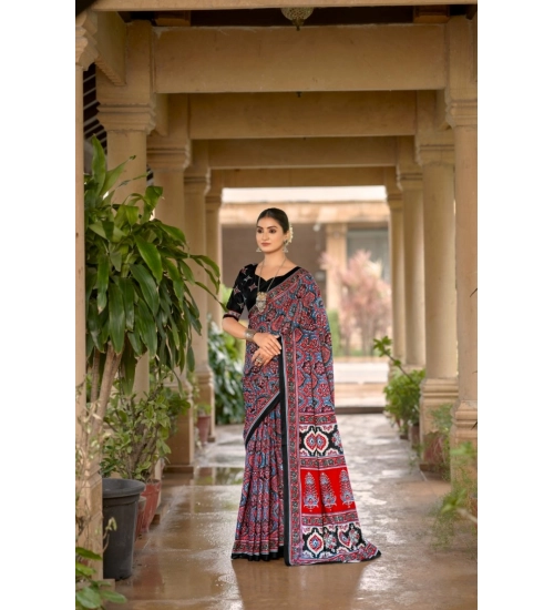 Generic Women's Cotton Printed Saree With Unstitched Blouse 5.5Mtr (Multicolor)