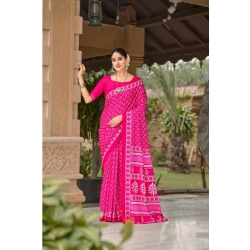 Generic Women's Cotton Printed Saree With Unstitched Blouse 5.5Mtr (Pink)