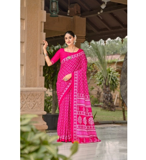 Generic Women's Cotton Printed Saree With Unstitched Blouse 5.5Mtr (Pink)