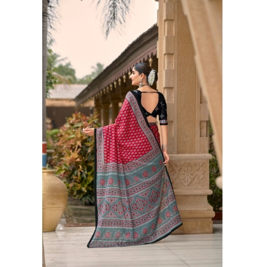 Generic Women's Cotton Printed Saree With Unstitched Blouse 5.5Mtr (Red)