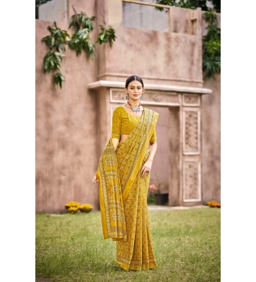 Generic Women's Cotton Printed Saree With Unstitched Blouse 5.5Mtr (Mustard)