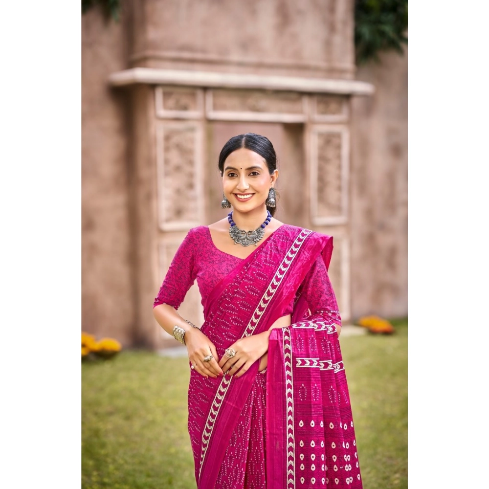 Generic Women's Cotton Printed Saree With Unstitched Blouse 5.5Mtr (Pink)