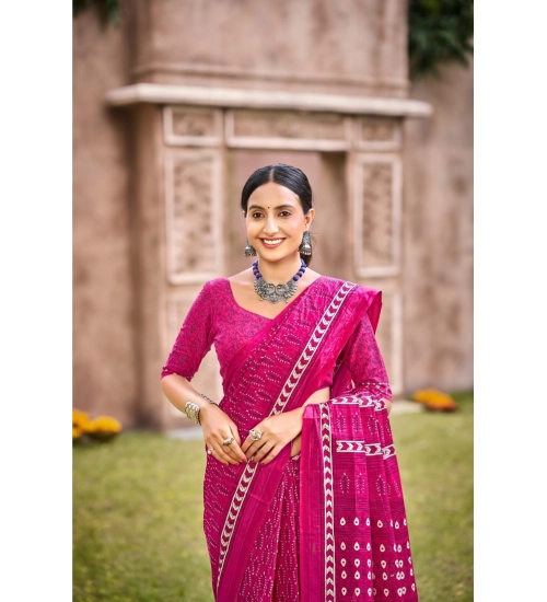 Generic Women's Cotton Printed Saree With Unstitched Blouse 5.5Mtr (Pink)