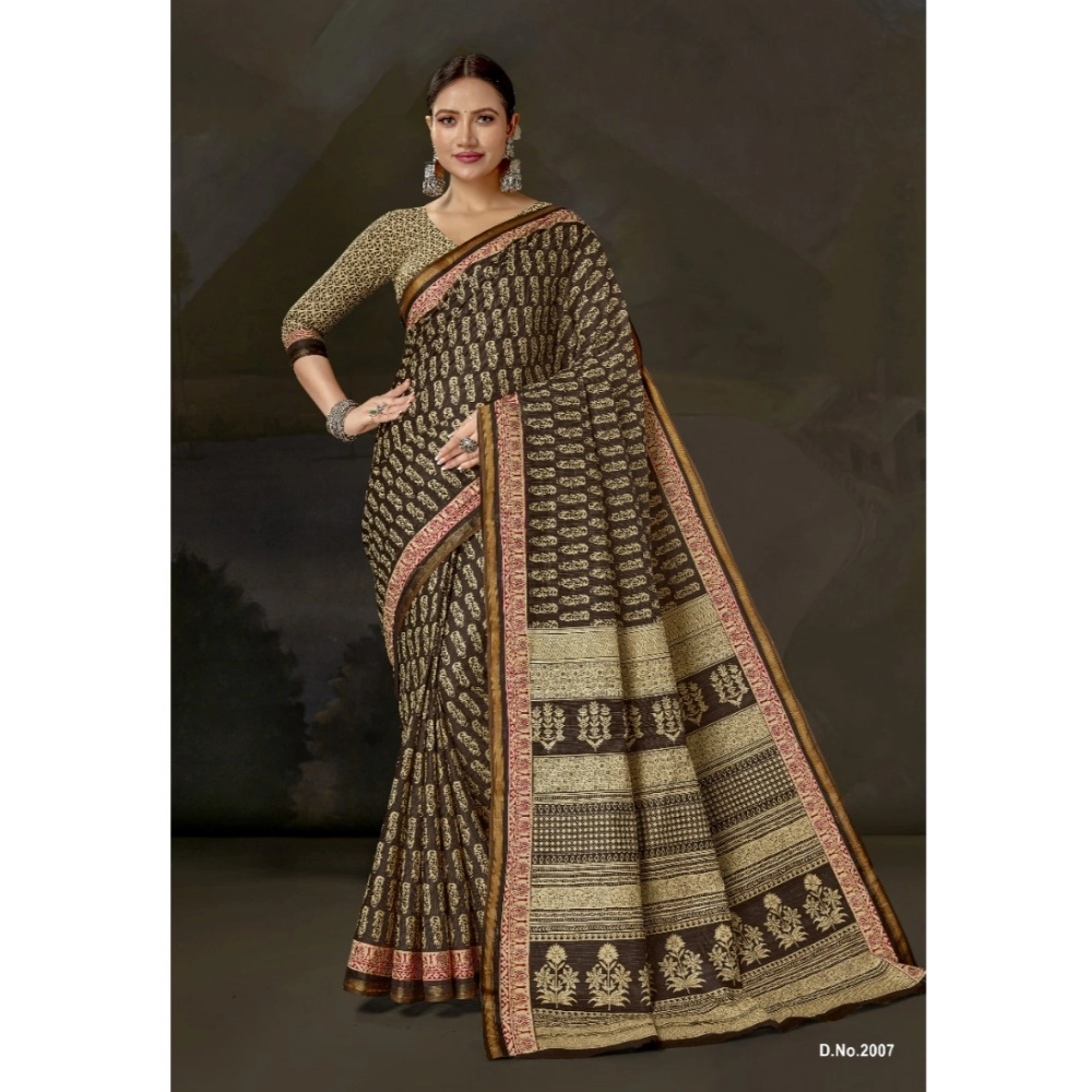 Generic Women's Cotton Printed Saree With Unstitched Blouse 5.5Mtr (Coffee)