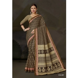 Generic Women's Cotton Printed Saree With Unstitched Blouse 5.5Mtr (Coffee)
