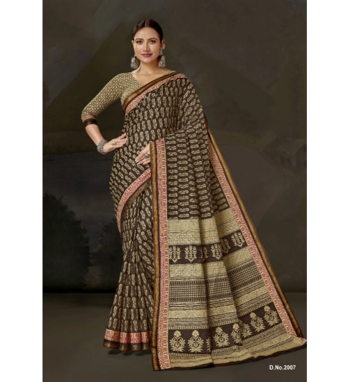 Generic Women's Cotton Printed Saree With Unstitched Blouse 5.5Mtr (Coffee)