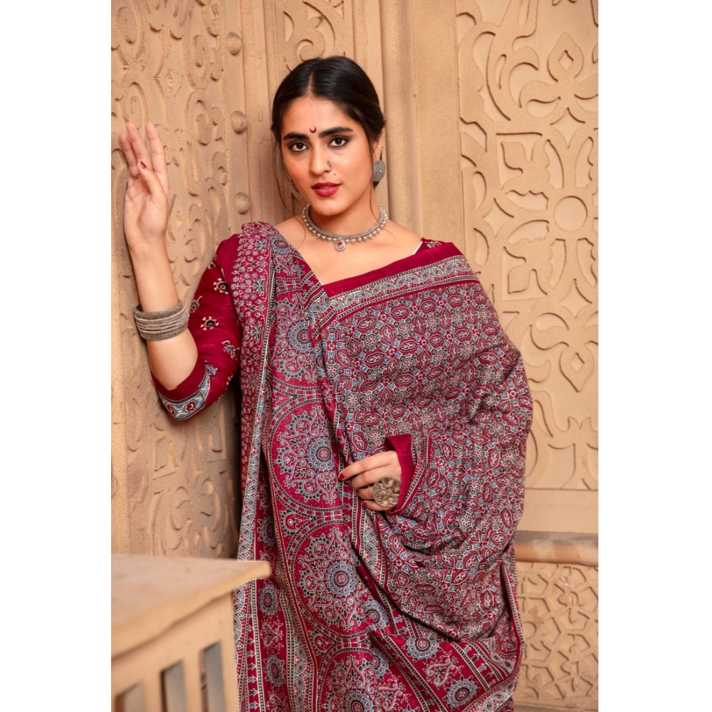 Generic Women's Cotton Printed Saree With Unstitched Blouse 5.5Mtr (Red)