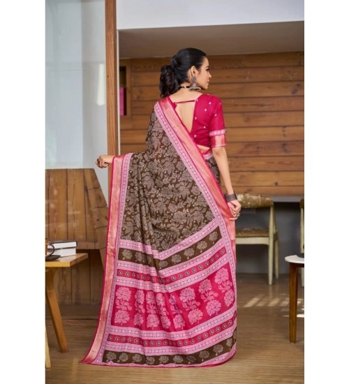 Generic Women's Cotton Printed Saree With Unstitched Blouse 5.5Mtr (Brown)