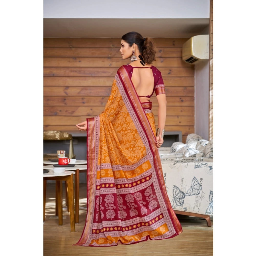 Generic Women's Cotton Printed Saree With Unstitched Blouse 5.5Mtr (Mustard)