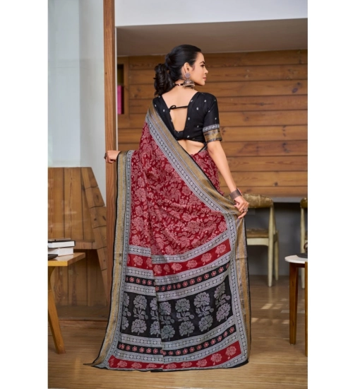 Generic Women's Cotton Printed Saree With Unstitched Blouse 5.5Mtr (Red)