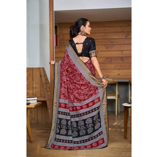 Generic Women's Cotton Printed Saree With Unstitched Blouse 5.5Mtr (Red)