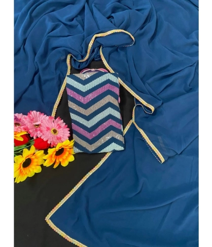 Generic Women's Fox Georgette  Solid Saree With Unstitched Blouse 5.5Mtr (Blue)