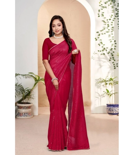 Generic Women's Vichitra Silk Striped Saree With Unstitched Blouse 5.5Mtr (Pink)