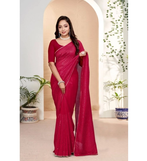 Generic Women's Vichitra Silk Striped Saree With Unstitched Blouse 5.5Mtr (Pink)