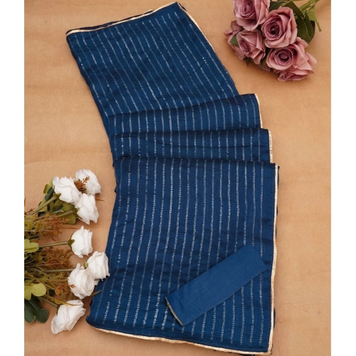 Women's Vichitra Silk Striped Saree With Unstitched Blouse 5.5Mtr (Blue) Women's Vichitra Silk Striped Saree With Unstitched Blouse 5.5Mtr (Blue)