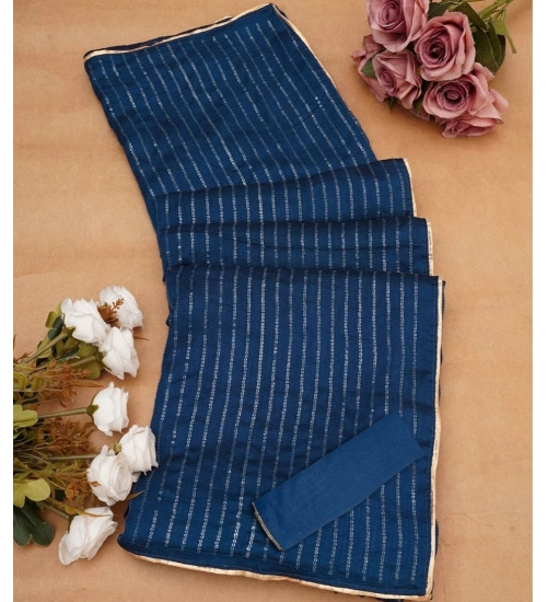 Generic Women's Vichitra Silk Striped Saree With Unstitched Blouse 5.5Mtr (Blue)