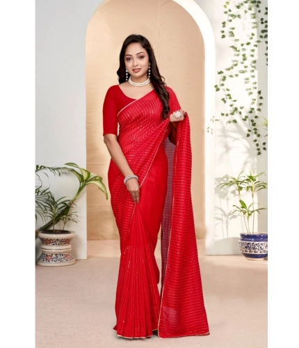 Generic Women's Vichitra Silk Striped Saree With Unstitched Blouse 5.5Mtr (Red)