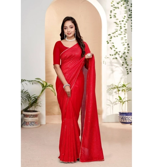 Generic Women's Vichitra Silk Striped Saree With Unstitched Blouse 5.5Mtr (Red)