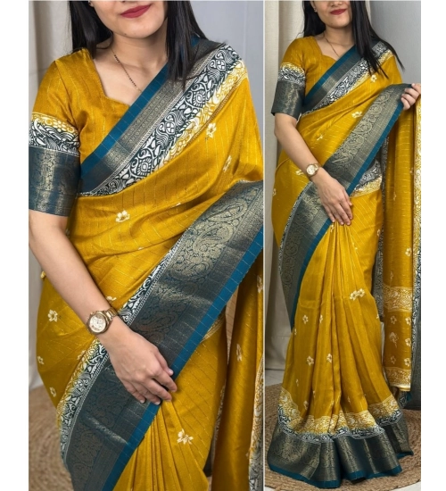 Generic Women's Cotton Silk Printed Saree With Unstitched Blouse 5.5Mtr (Mustard)