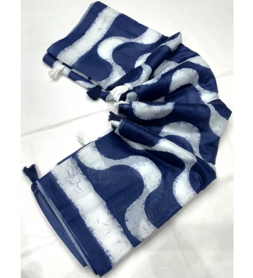 Generic Women's Pure Chanderi Printed Saree With Unstitched Blouse 5.5Mtr (Blue)