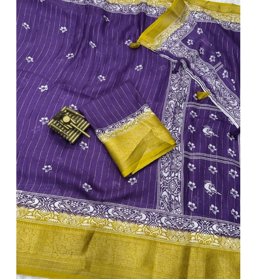 Generic Women's Cotton Silk Printed Saree With Unstitched Blouse 5.5Mtr (Purple)