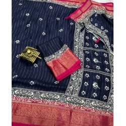 Generic Women's Cotton Silk Printed Saree With Unstitched Blouse 5.5Mtr (Navy Blue)