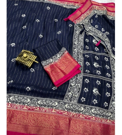 Generic Women's Cotton Silk Printed Saree With Unstitched Blouse 5.5Mtr (Navy Blue)