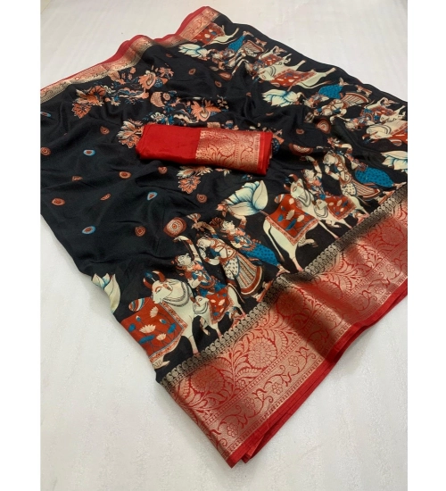 Generic Women's Dola Silk Printed Saree With Unstitched Blouse 5.5Mtr (Black)