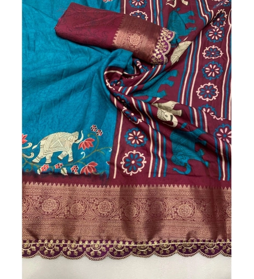 Generic Women's Dola Silk Printed Saree With Unstitched Blouse 5.5Mtr (Blue)