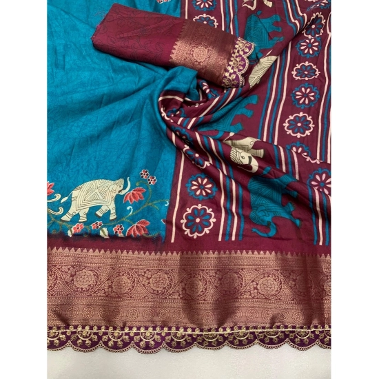 Generic Women's Dola Silk Printed Saree With Unstitched Blouse 5.5Mtr (Blue) Generic Women's Dola Silk Printed Saree With Unstitched Blouse 5.5Mtr (Blue)