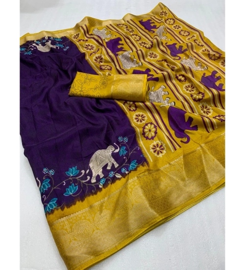 Generic Women's Dola Silk Printed Saree With Unstitched Blouse 5.5Mtr (Purple)