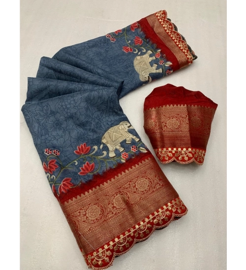 Generic Women's Dola Silk Printed Saree With Unstitched Blouse 5.5Mtr (Grey)