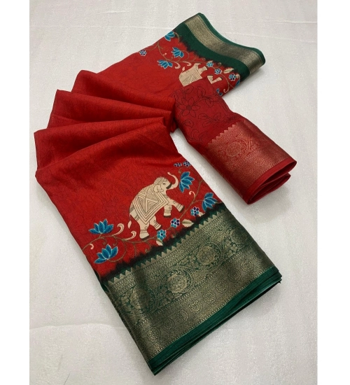Generic Women's Dola Silk Printed Saree With Unstitched Blouse 5.5Mtr (Red)
