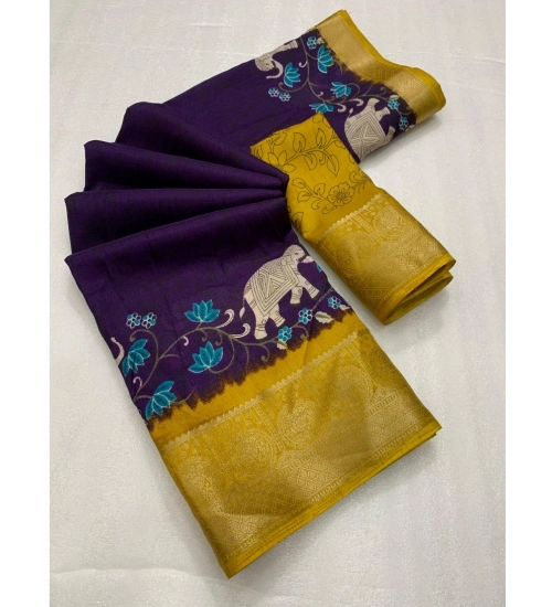 Generic Women's Dola Silk Printed Saree With Unstitched Blouse 5.5Mtr (Purple)