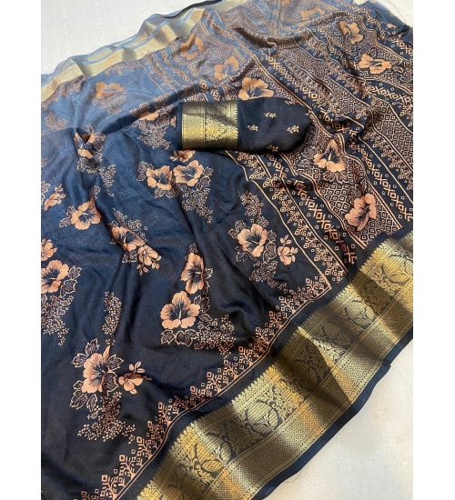 Generic Women's Jacquard Printed Saree With Unstitched Blouse 5.5Mtr (Grey)