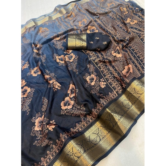 Generic Women's Jacquard Printed Saree With Unstitched Blouse 5.5Mtr (Grey)