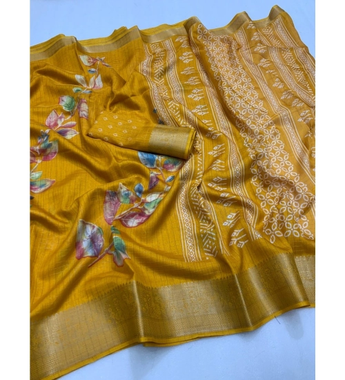 Generic Women's Dola Silk Printed Saree With Unstitched Blouse 5.5Mtr (Yellow)