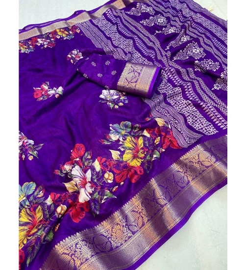 Generic Women's Jacquard Printed Saree With Unstitched Blouse 5.5Mtr (Purple)