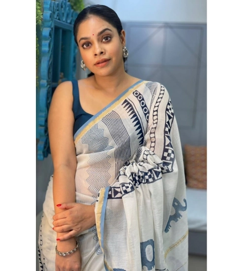 Generic Women's Pure Chanderi Printed Saree With Unstitched Blouse 5.5Mtr (White)