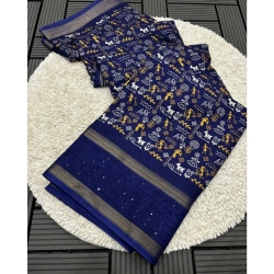 Generic Women's Dola Silk Printed Saree With Unstitched Blouse 5.5Mtr (Navy Blue)