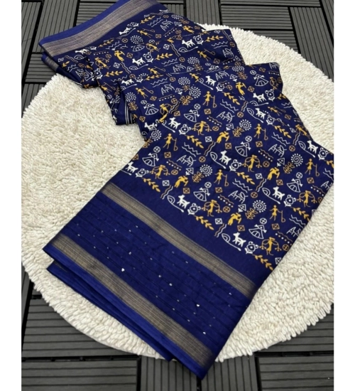 Generic Women's Dola Silk Printed Saree With Unstitched Blouse 5.5Mtr (Navy Blue)
